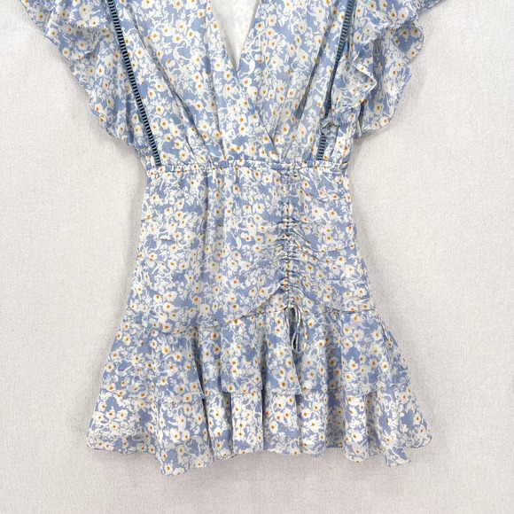 SAYLOR Marina Mini Dress Womens XS Floral Sky Printed Ruffle Ruched Flutter - Picture 7 of 16